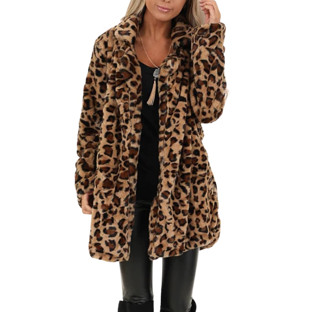 Plus Size Leopard Print Open Front Long Sleeve Jacket