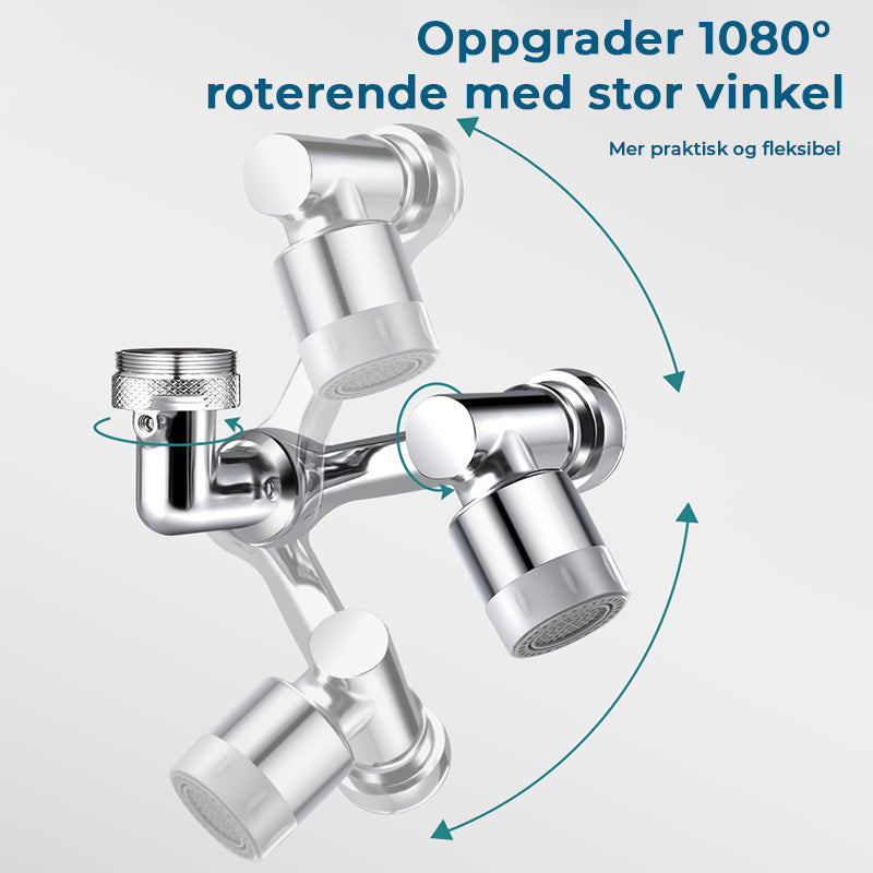 "1080° roterende vannkran adapter med to vannstrømsmoduser i moderne, krombehandlet design for kjøkken og bad."