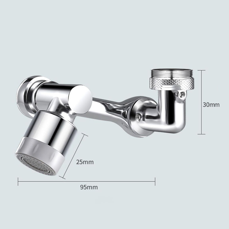 "1080° roterende vannkran adapter med to vannstrømsmoduser i moderne, krombehandlet design for kjøkken og bad."
