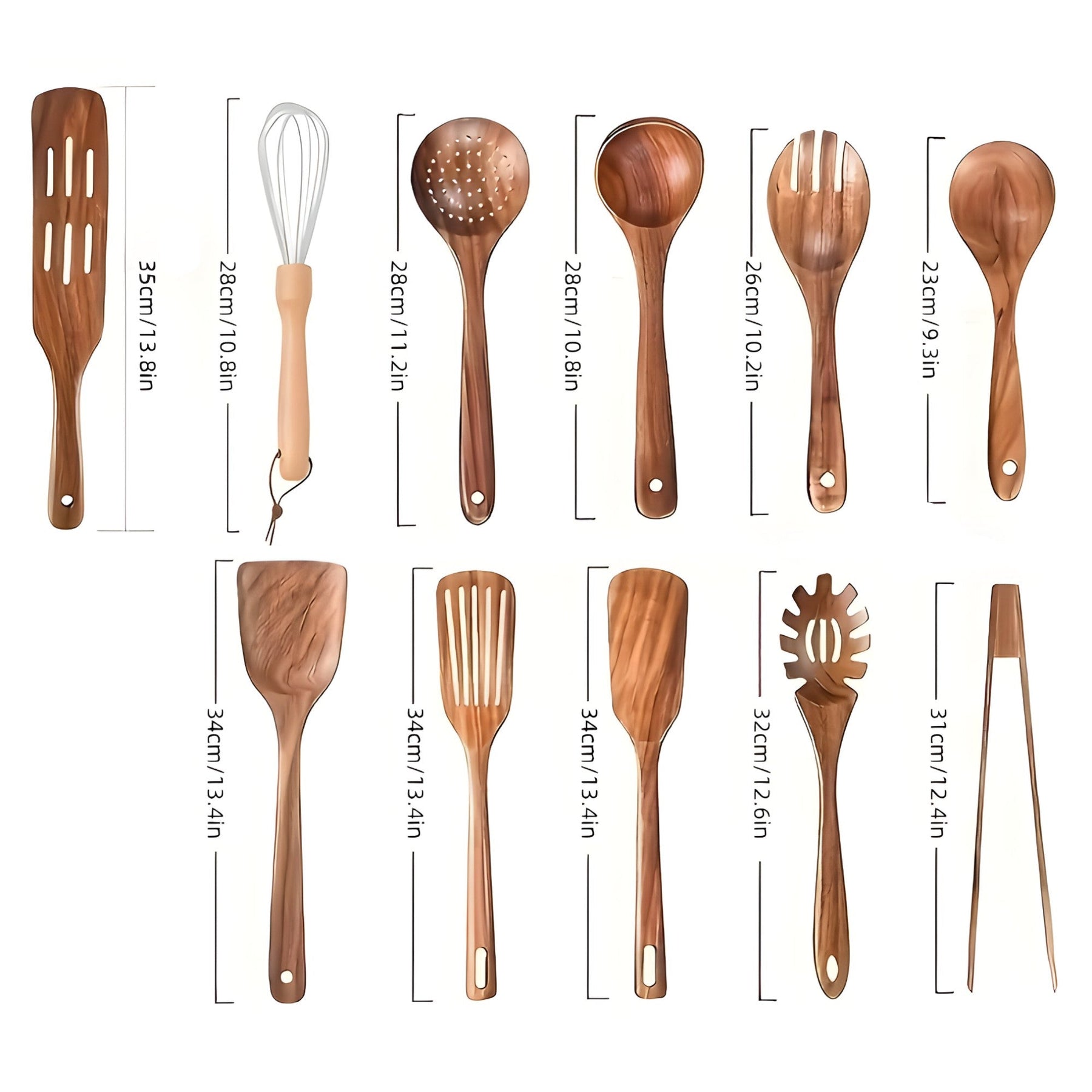 "11-delers kjøkkenutstyrsett i slitesterkt, naturlig tre. Perfekt for non-stick kokekar. Stilig og funksjonell estetikk."