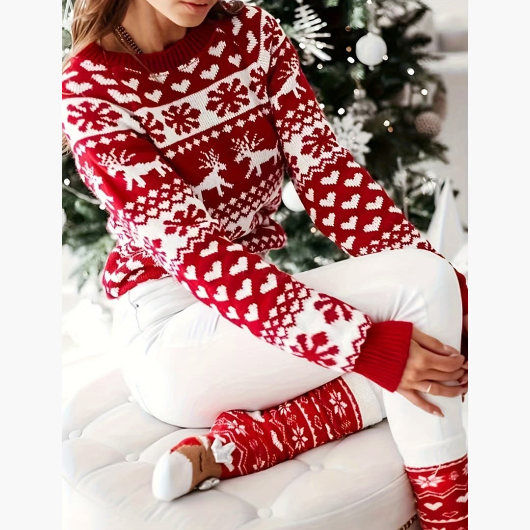 Comfortable Elegant Red Reindeer Snowflake Round Neck Sweater