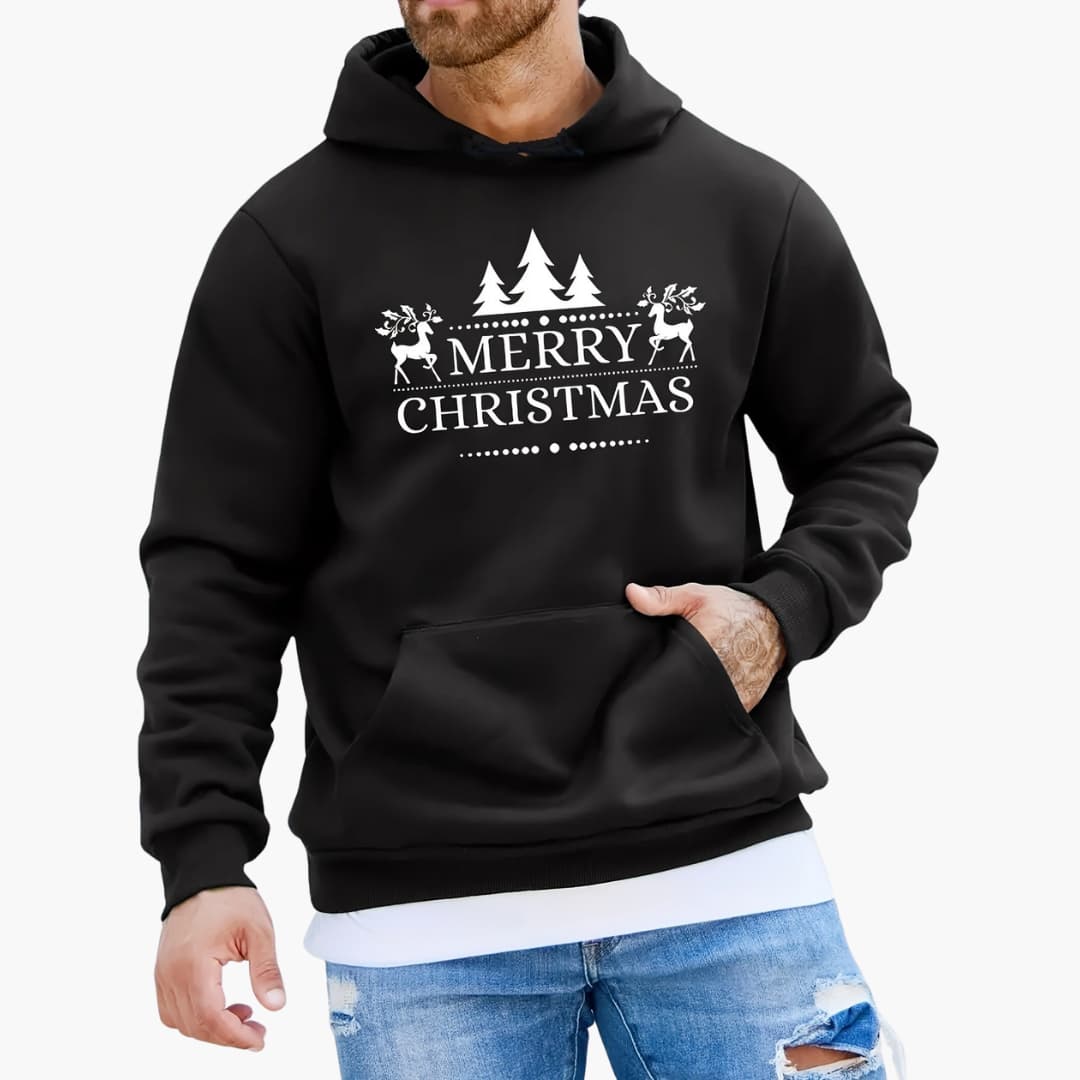 Hoodie with Christmas Trees and Reindeer Pattern Relaxed Pullover