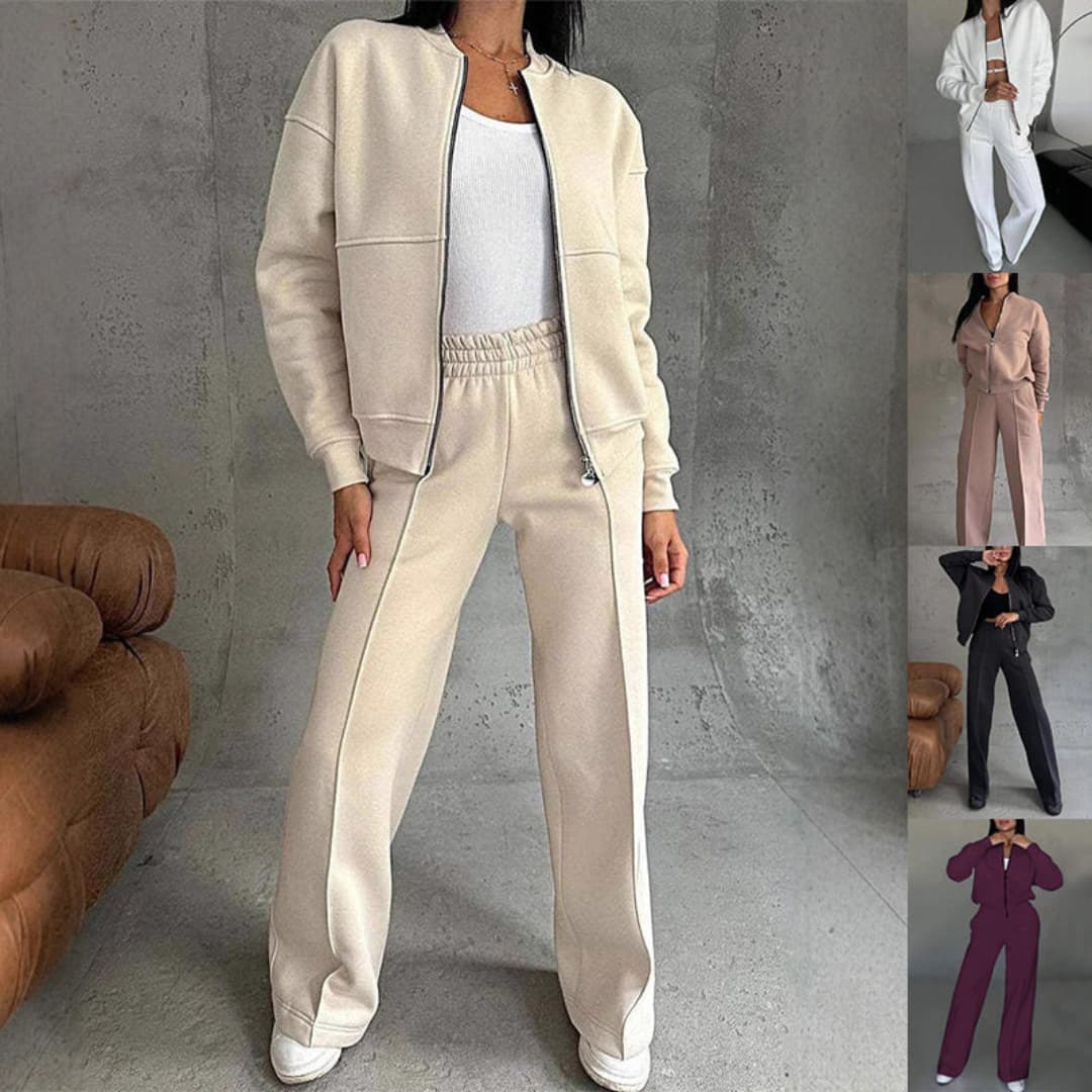 Women's Two-Piece Set with Zipper Jacket and Wide Pants