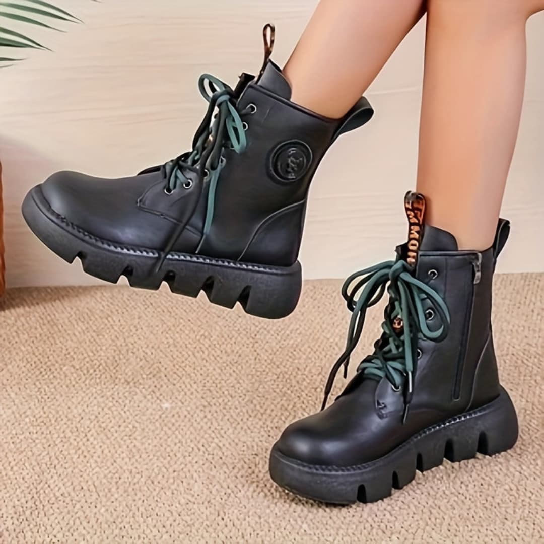 Women's Chunky Platform Ankle Boots with Lacing Side Zipper