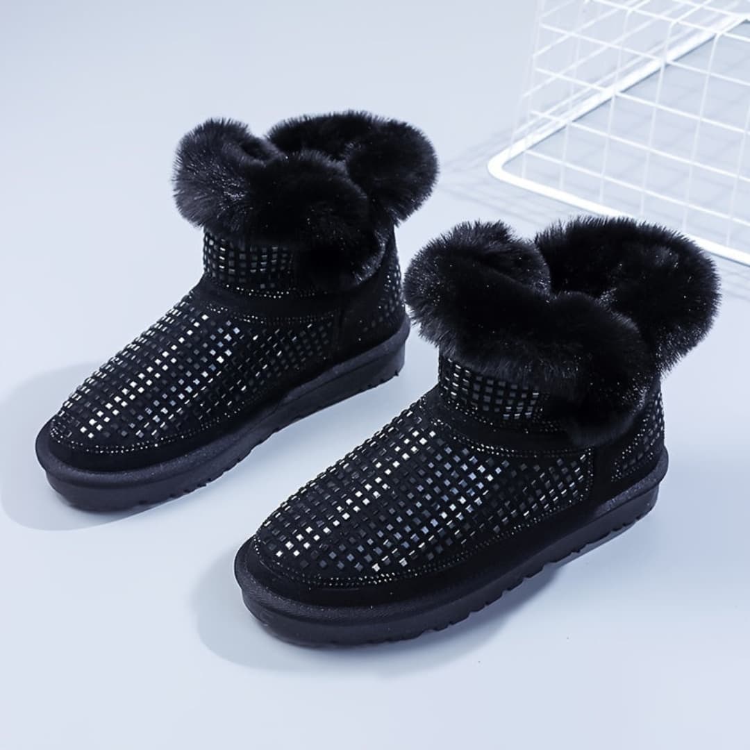 Women's Snow Boots with Rhinestone Decor Slip-Resistant Flat Ankle Shoes