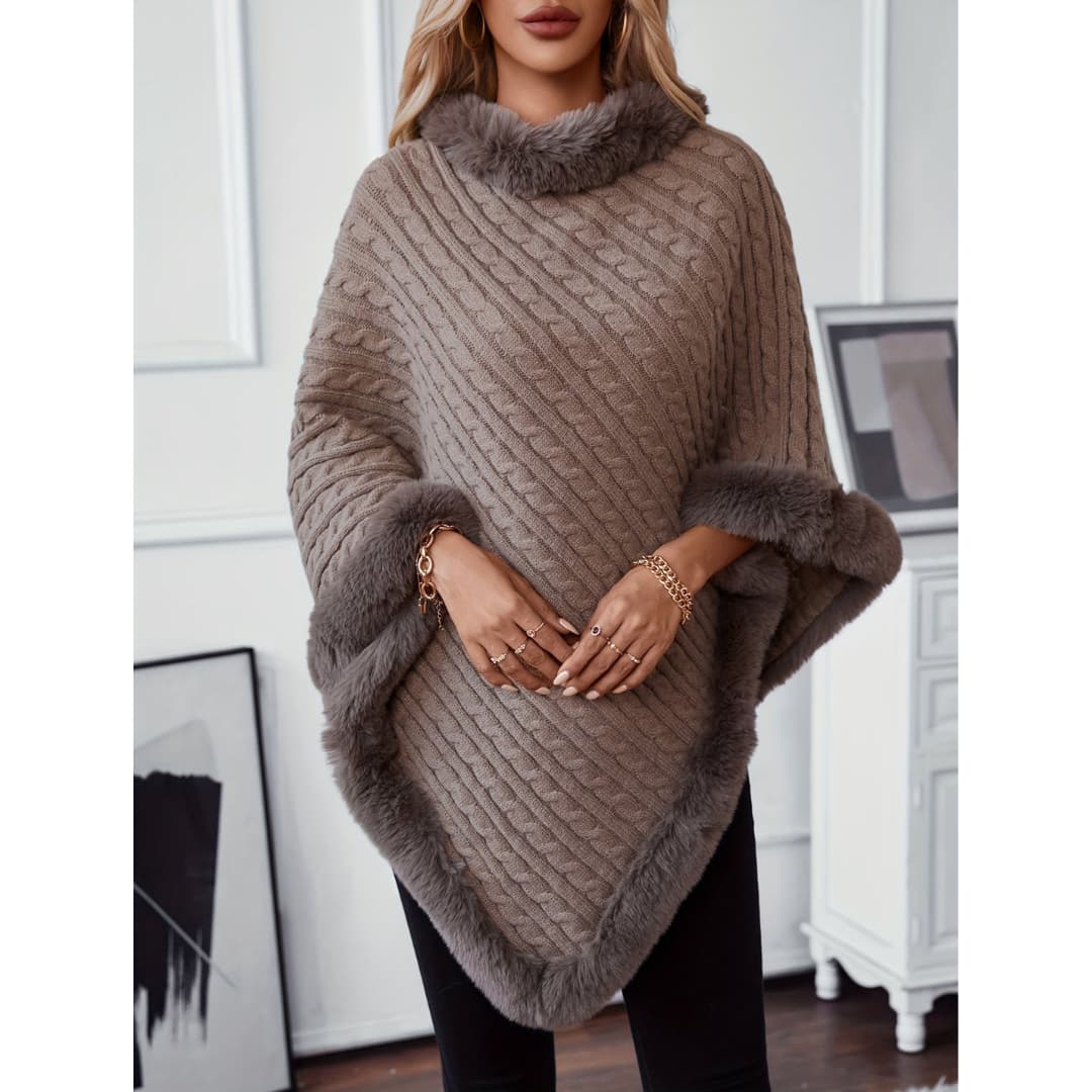 Cozy vintage knitted cape with collar in faux fur
