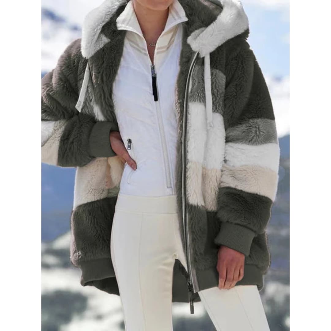 Women's Casual Faux Fur Jacket with Zipper Pockets Hood Autumn Winter