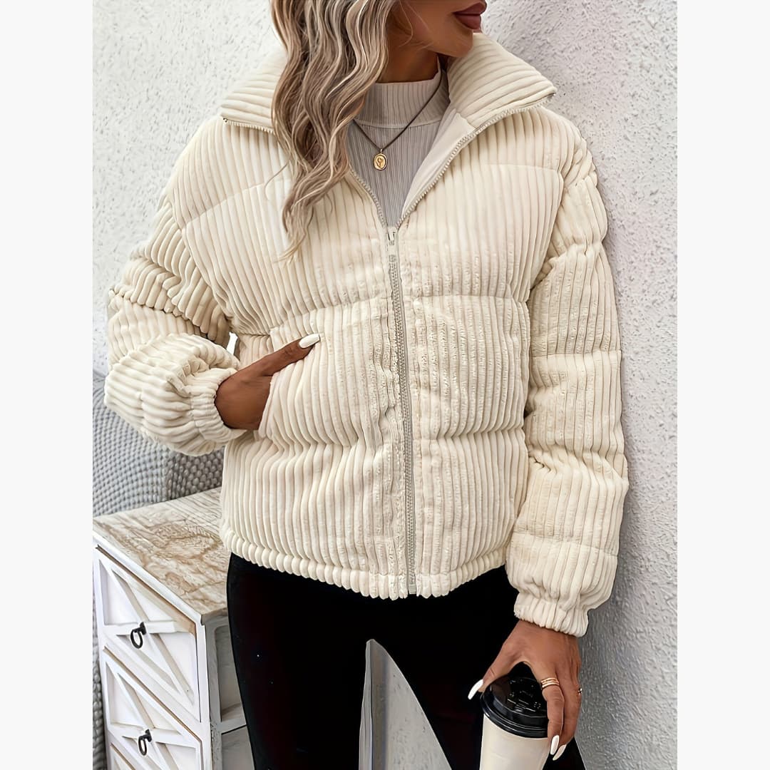 Women's Ribbed Puffer Jacket with Zipper Thermal Long-Sleeve Jacket