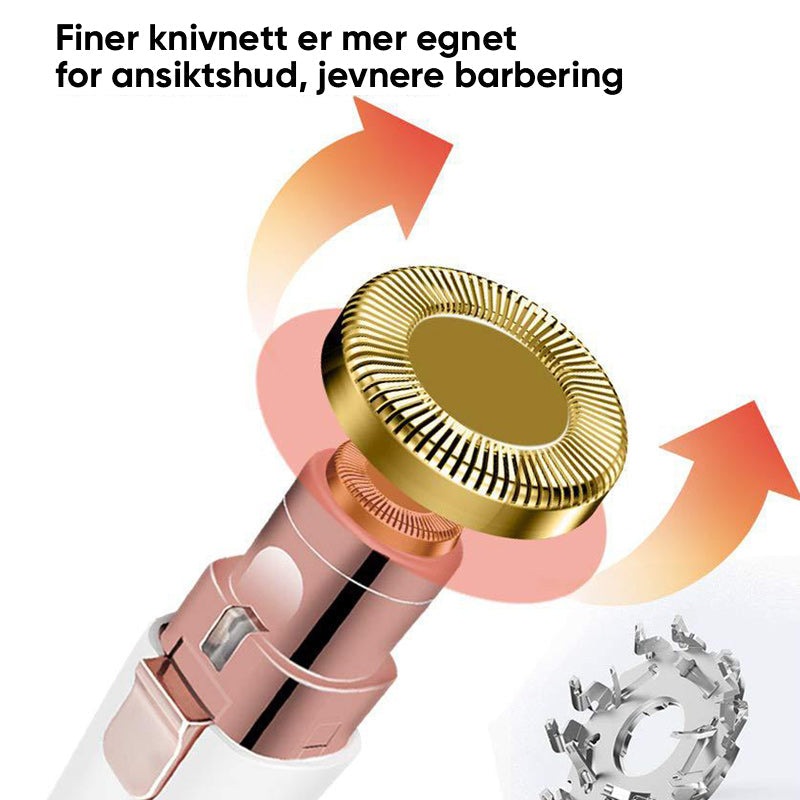 "2-i-1 elektrisk øyenbrynstrimmer, bærbar og smertefri, for presis hårfjerning. Innebygd LED-lys, perfekt for sensitiv hud."