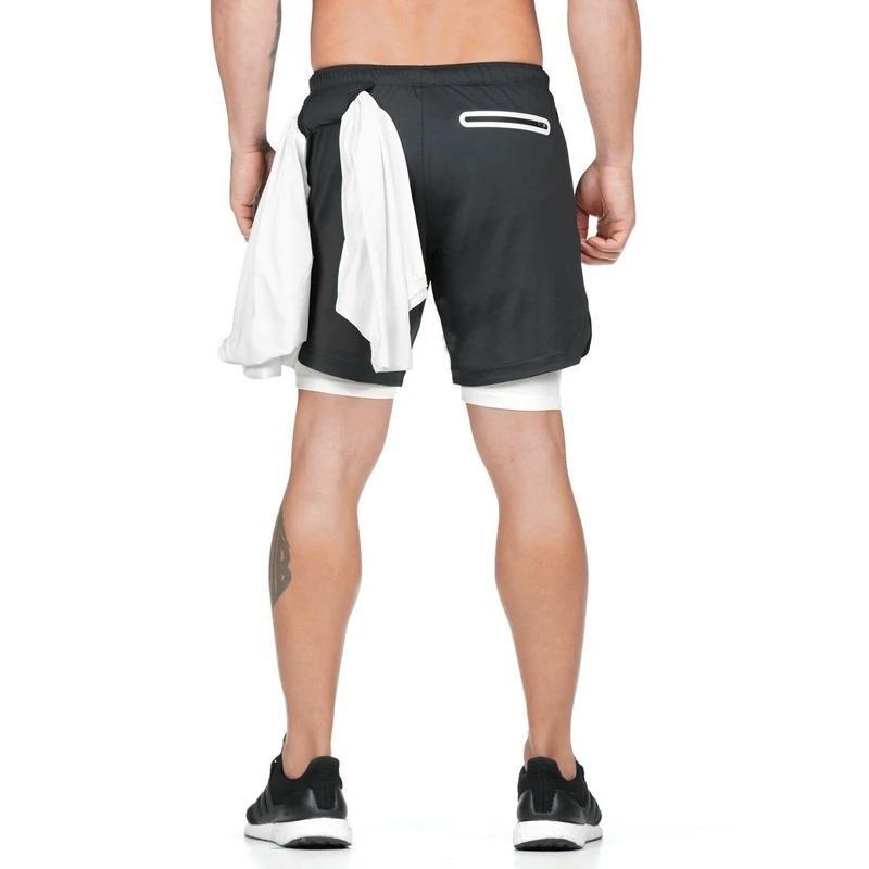 2-i-1 shorts for menn, grå kamuflasje, reflekterende lommer, høy synlighet, pustende mesh liner.