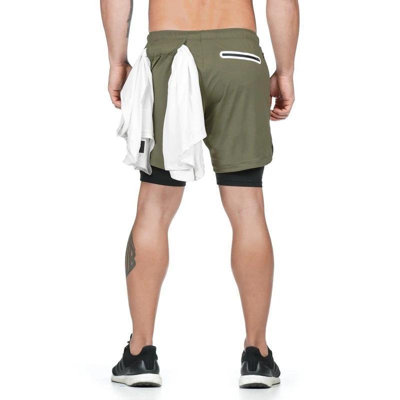 2-i-1 shorts for menn, grå kamuflasje, reflekterende lommer, høy synlighet, pustende mesh liner.