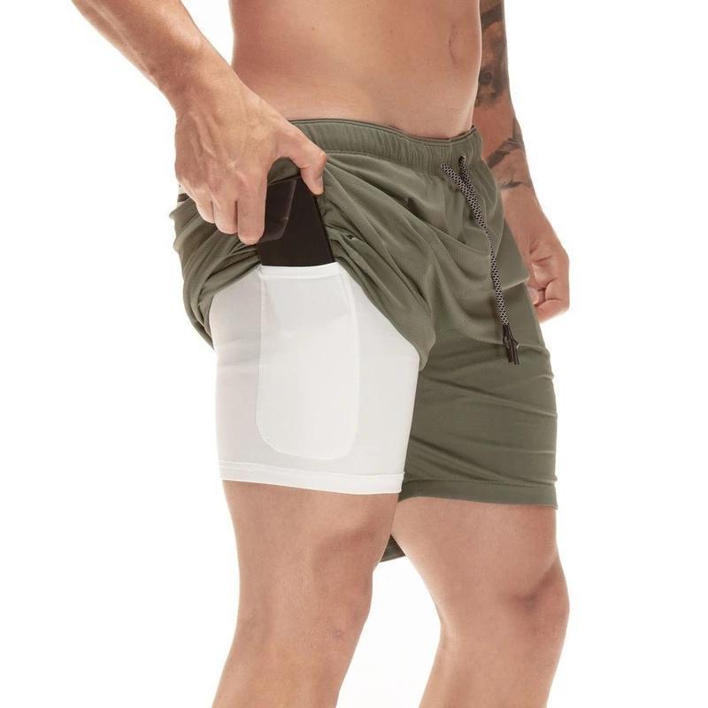 2-i-1 shorts for menn, grå kamuflasje, reflekterende lommer, høy synlighet, pustende mesh liner.