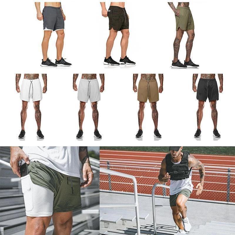 2-i-1 shorts for menn, grå kamuflasje, reflekterende lommer, høy synlighet, pustende mesh liner.