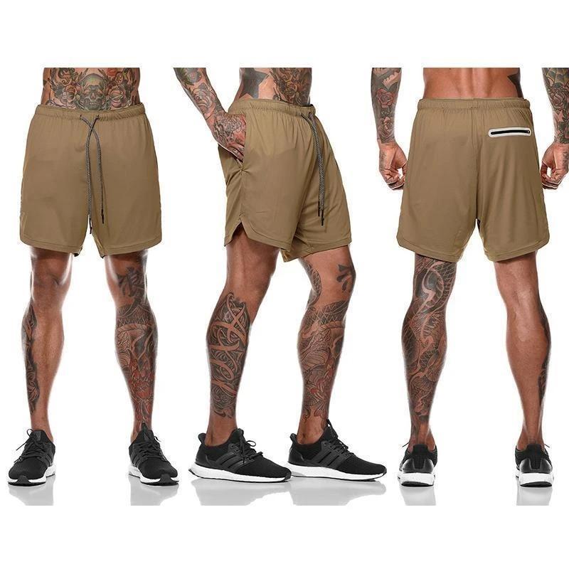 2-i-1 shorts for menn, grå kamuflasje, reflekterende lommer, høy synlighet, pustende mesh liner.