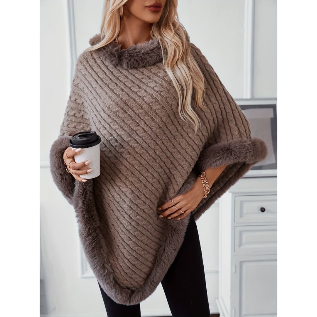 Cozy vintage knitted cape with collar in faux fur