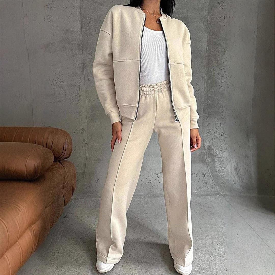 Women's Two-Piece Set with Zipper Jacket and Wide Pants