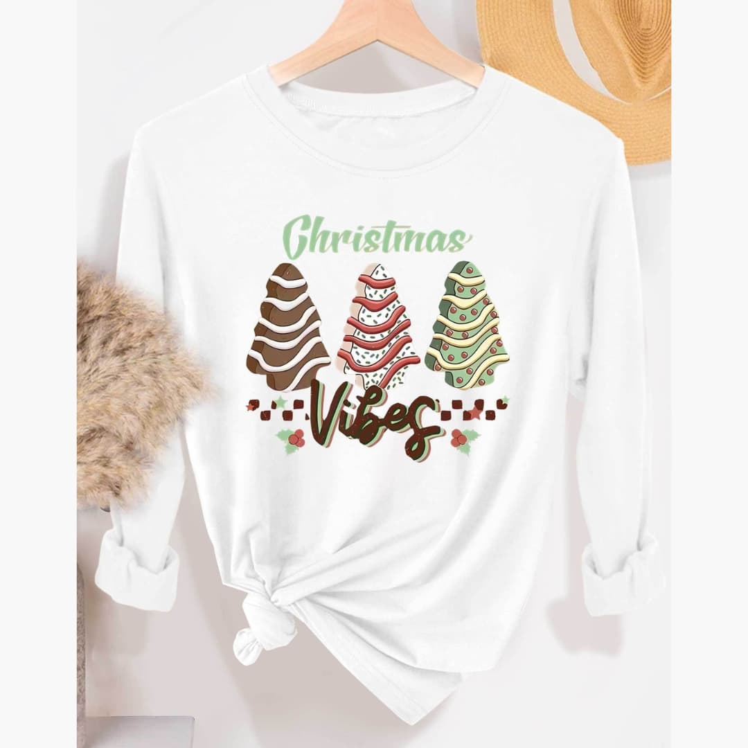 Women's Vintage-Inspired Christmas Tree Letter Print Long Sleeve T-Shirt