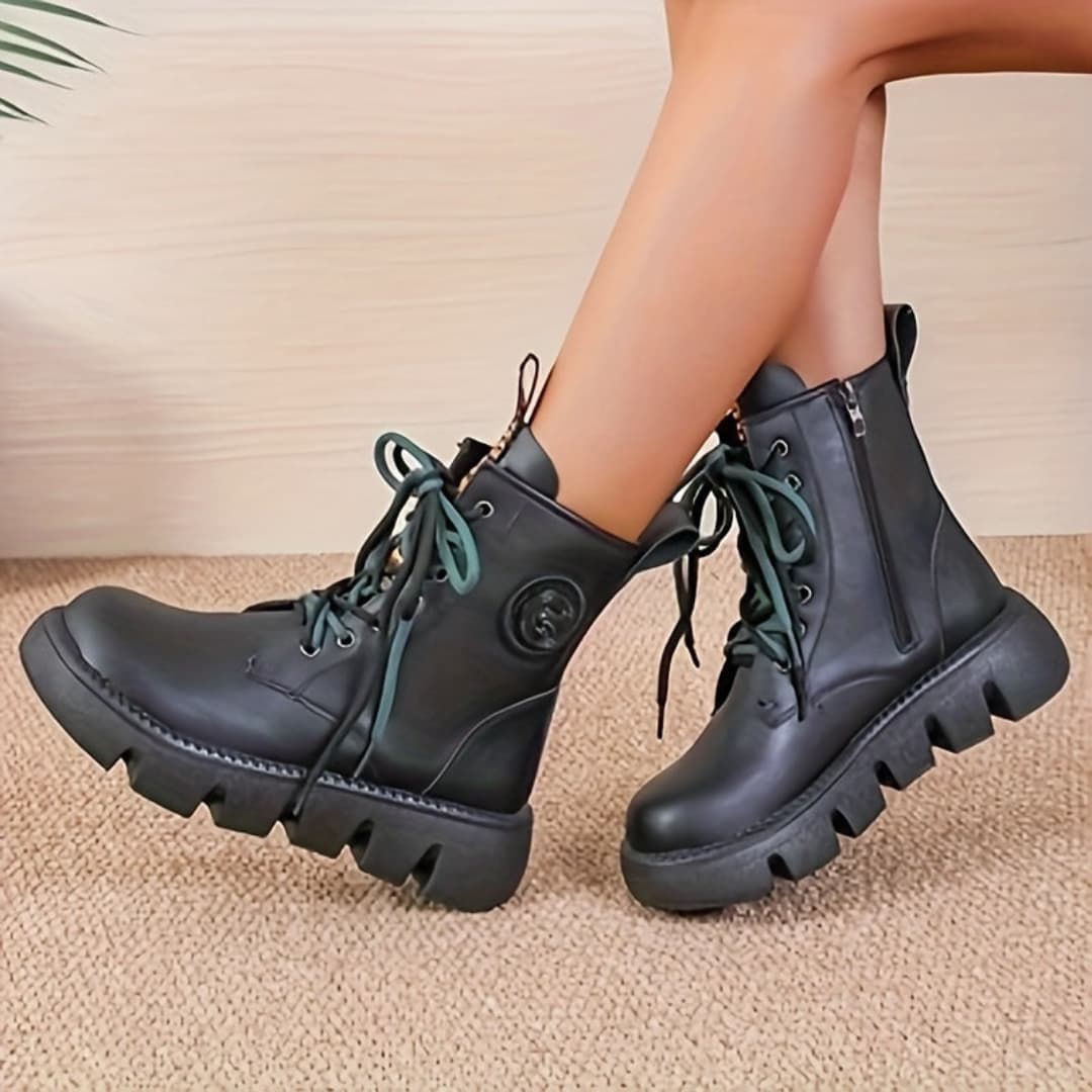 Women's Chunky Platform Ankle Boots with Lacing Side Zipper