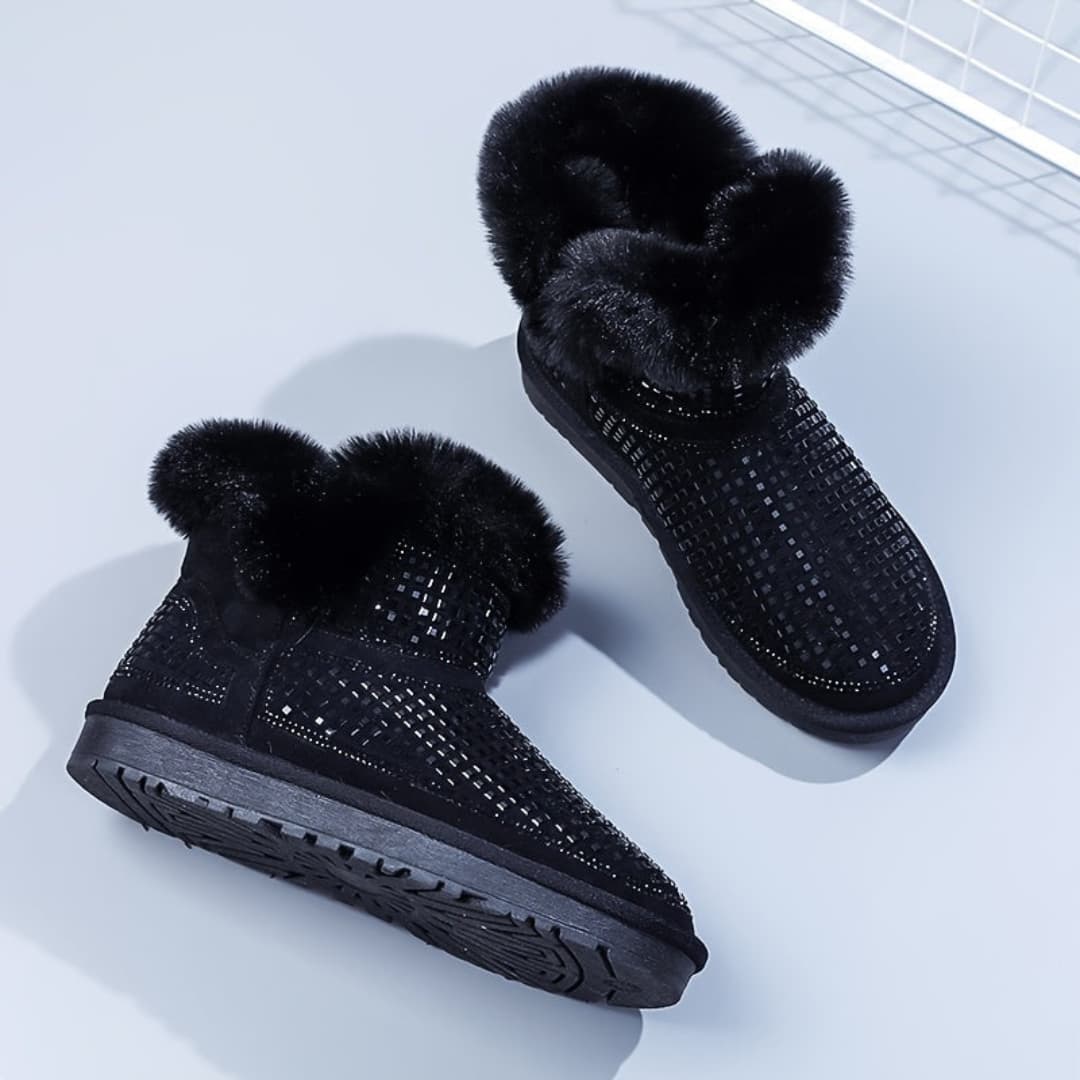 Women's Snow Boots with Rhinestone Decor Slip-Resistant Flat Ankle Shoes