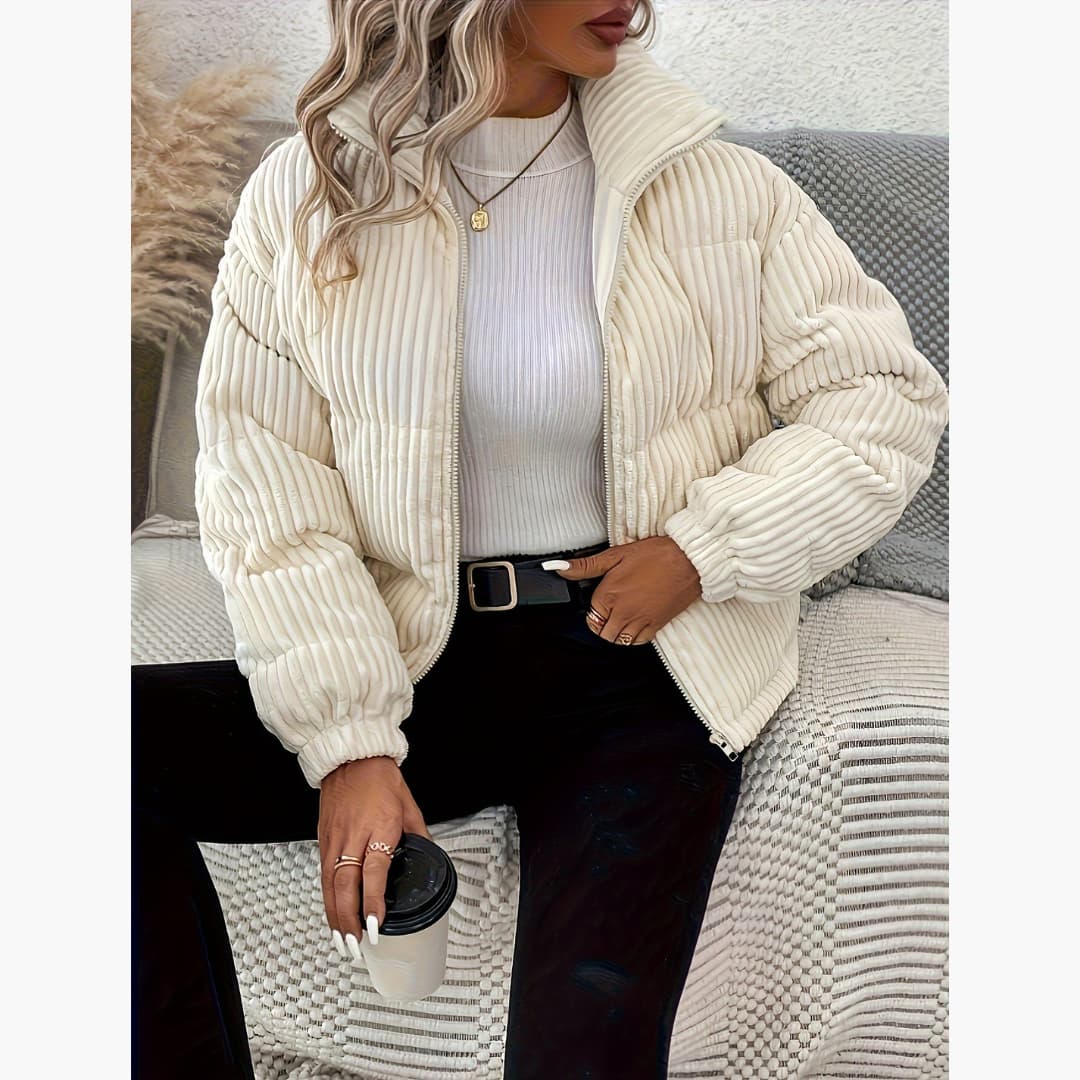 Women's Ribbed Puffer Jacket with Zipper Thermal Long-Sleeve Jacket