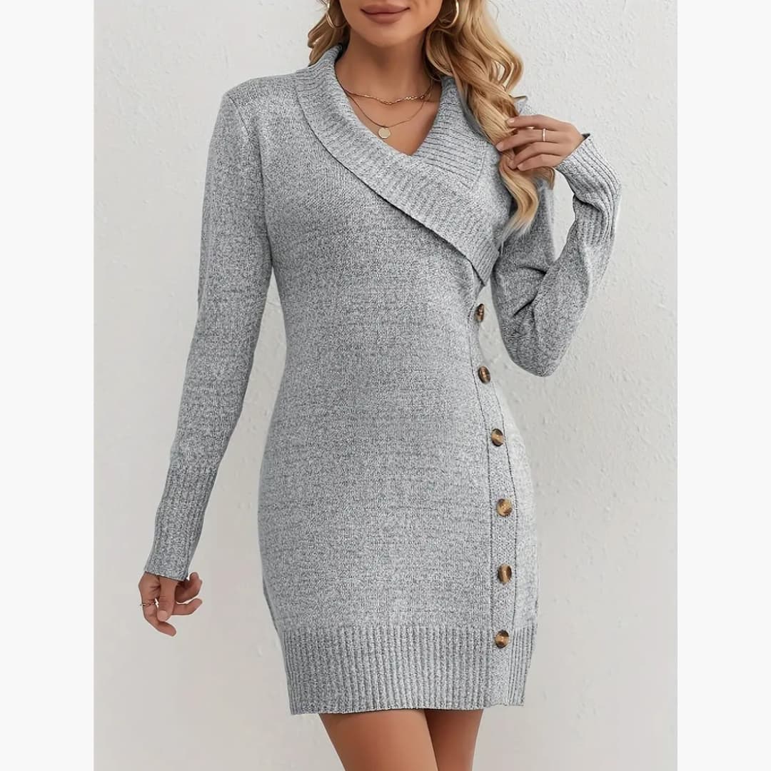 Amalia - Elegant dress with button decoration in V-neck for women