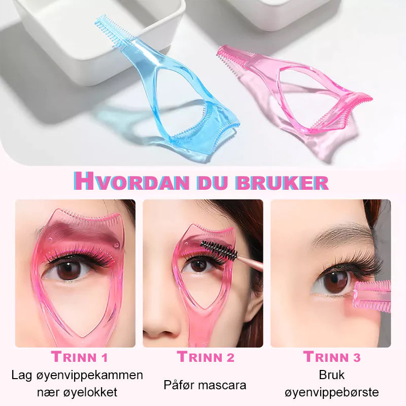 3-i-1 mascara skjold, lett buet plastkam, smussbeskyttelse for øvre og nedre øyelokk, farger: rose rød, blå.