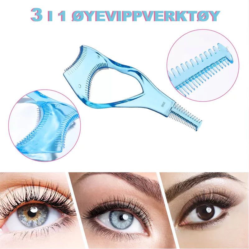 3-i-1 mascara skjold, lett buet plastkam, smussbeskyttelse for øvre og nedre øyelokk, farger: rose rød, blå.