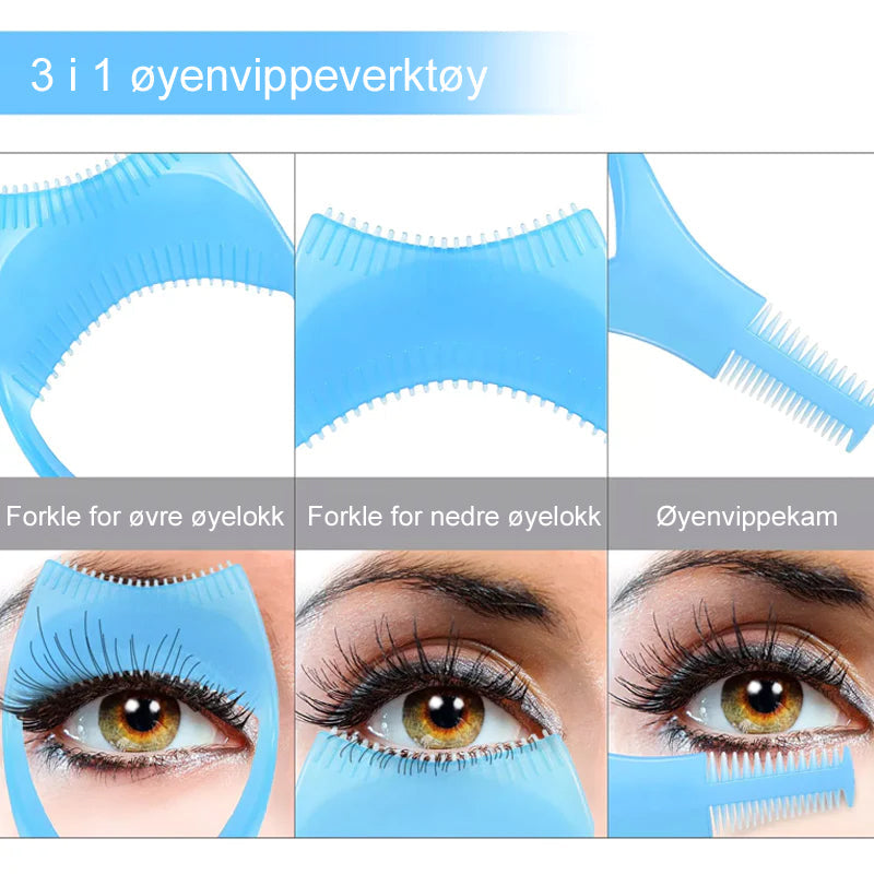 3-i-1 mascara skjold, lett buet plastkam, smussbeskyttelse for øvre og nedre øyelokk, farger: rose rød, blå.