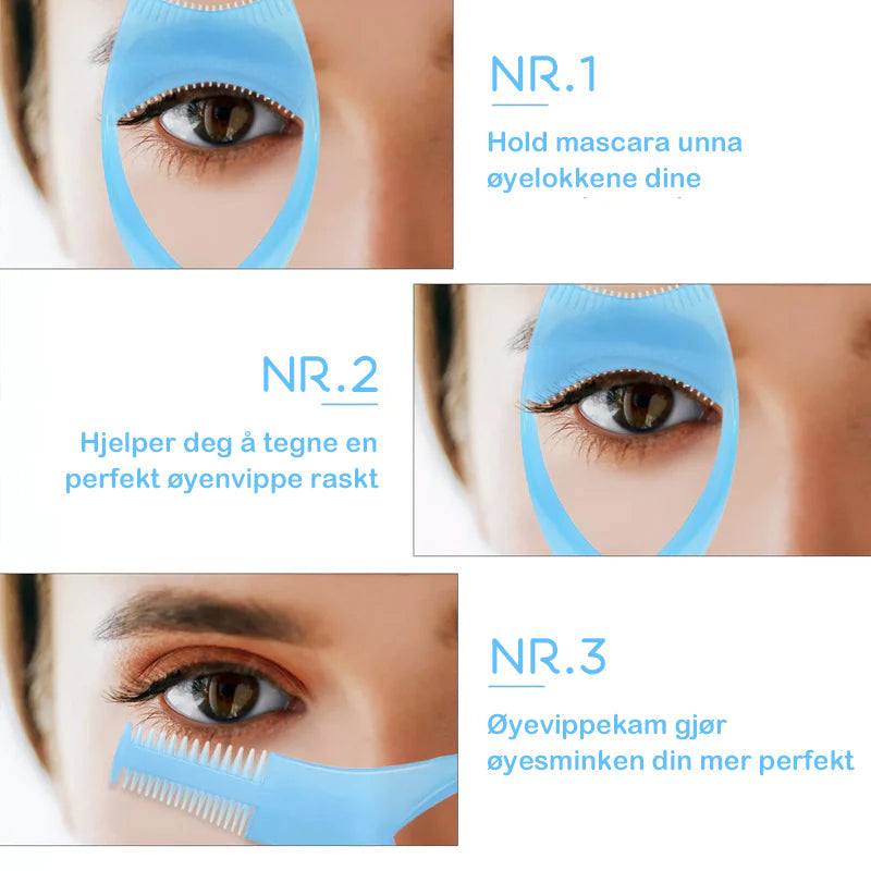 3-i-1 mascara skjold, lett buet plastkam, smussbeskyttelse for øvre og nedre øyelokk, farger: rose rød, blå.