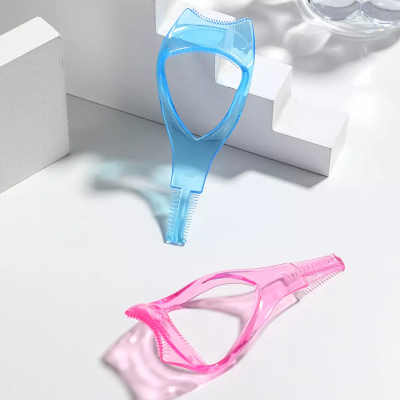3-i-1 mascara skjold, lett buet plastkam, smussbeskyttelse for øvre og nedre øyelokk, farger: rose rød, blå.