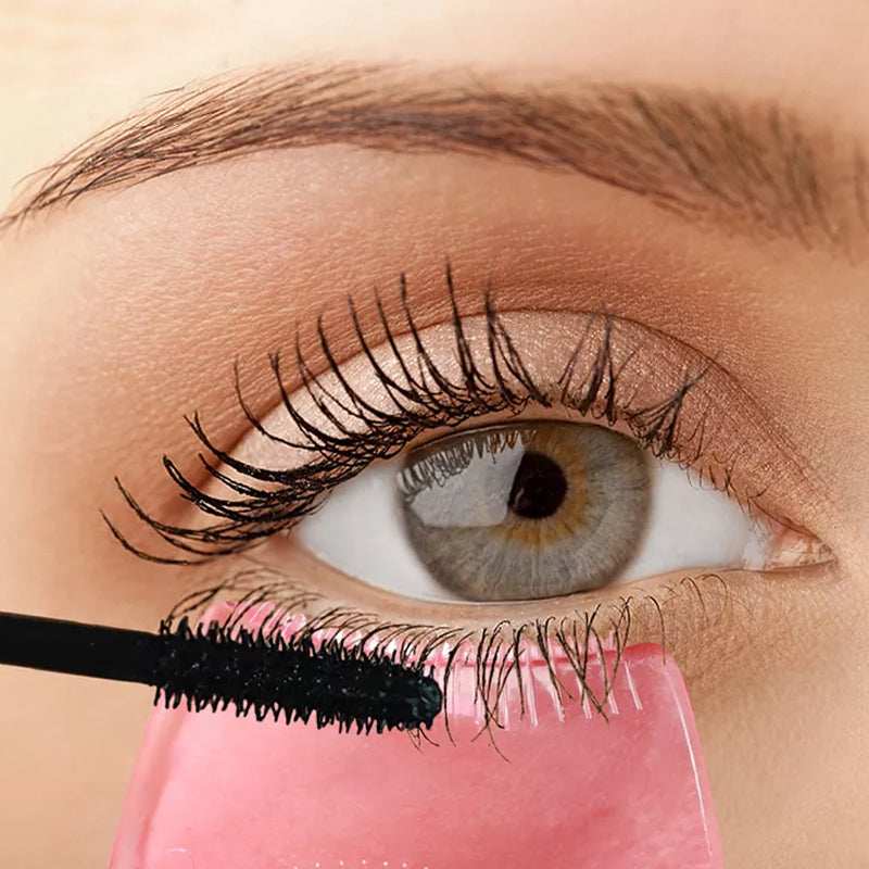 3-i-1 mascara skjold, lett buet plastkam, smussbeskyttelse for øvre og nedre øyelokk, farger: rose rød, blå.