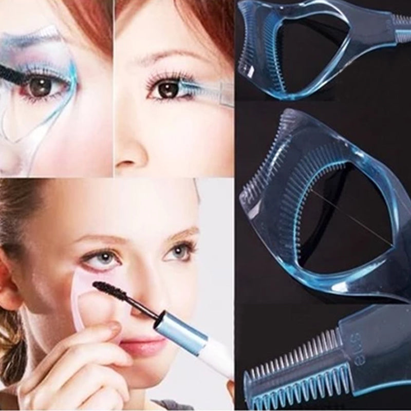 3-i-1 mascara skjold, lett buet plastkam, smussbeskyttelse for øvre og nedre øyelokk, farger: rose rød, blå.