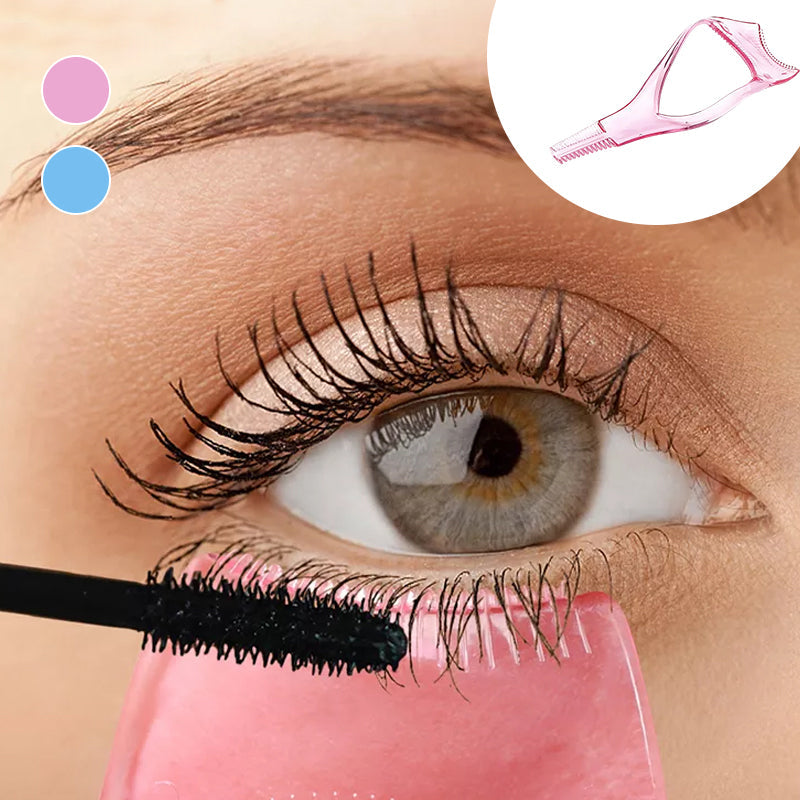 3-i-1 mascara skjold, lett buet plastkam, smussbeskyttelse for øvre og nedre øyelokk, farger: rose rød, blå.