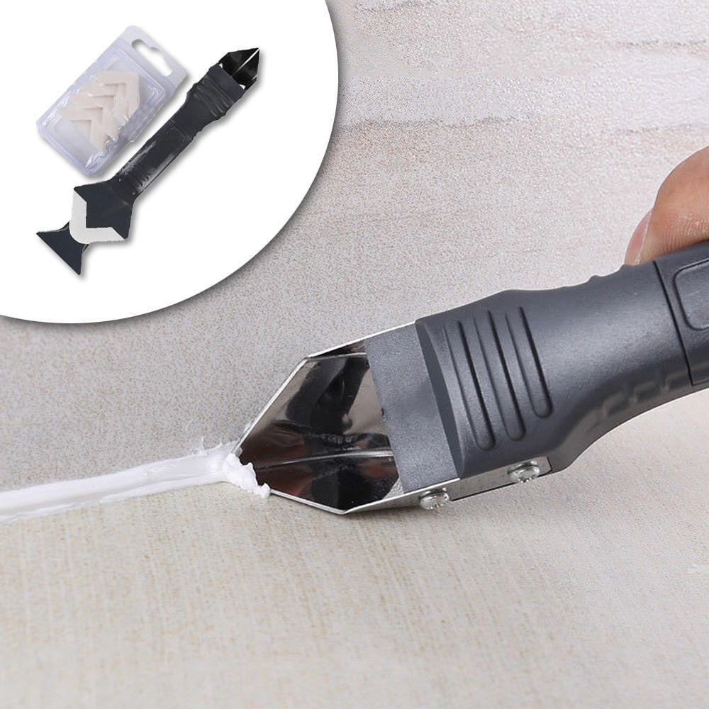 "3-i-1 silikonfjerner verktøy i blått og grått plast med stålblad, ideelt for fuging og ren overflatebehandling."