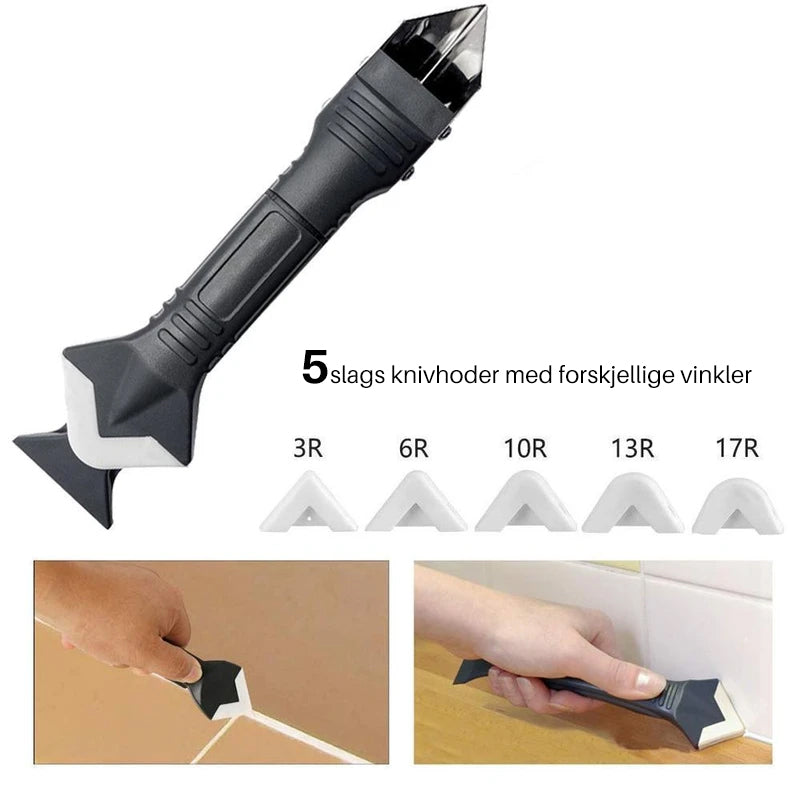 "3-i-1 silikonfjerner verktøy i blått og grått plast med stålblad, ideelt for fuging og ren overflatebehandling."