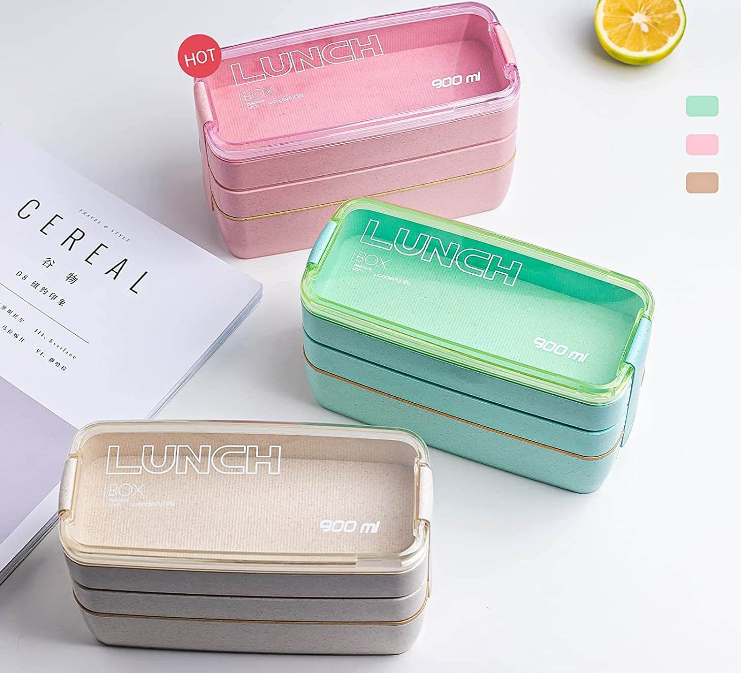 Stilig 3-lags matboks i hvetestrå, lekkasjesikker og mikrobølgeovnssikker, en smart løsning for lunsj til jobb/skole.