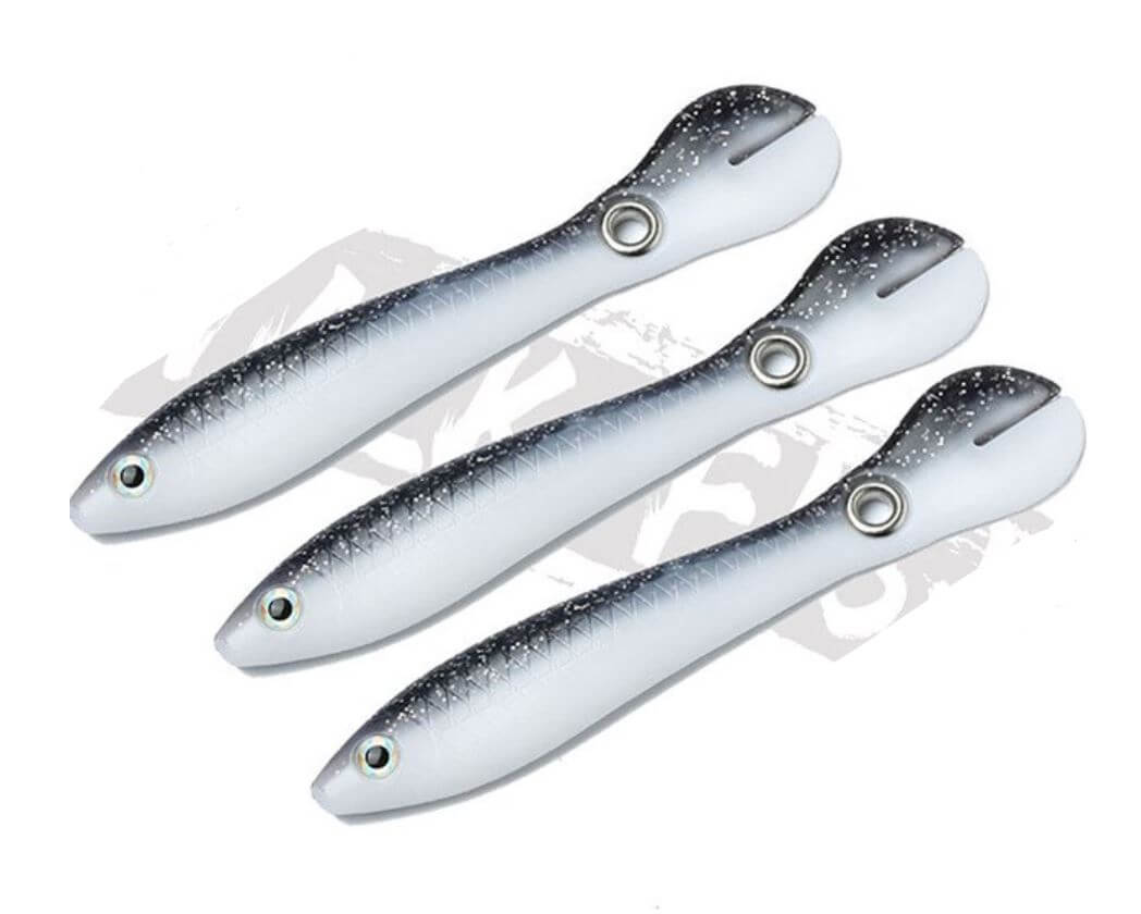 Tre naturtro fiskesluker i myk utførelse, bionisk design for fiske.