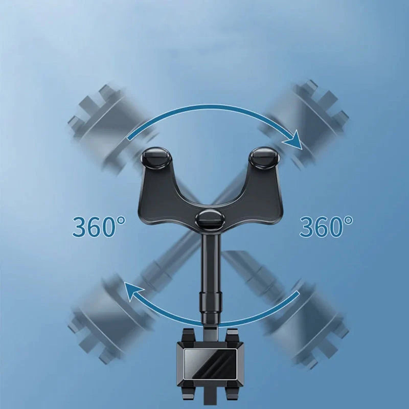 "360° roterbart bilbakspeiltelefonholder, svart design, multifunksjonell med stabil klemme. Perfekt for alle vinkler."