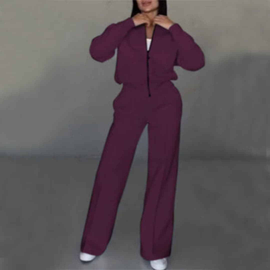 Women's Two-Piece Set with Zipper Jacket and Wide Pants