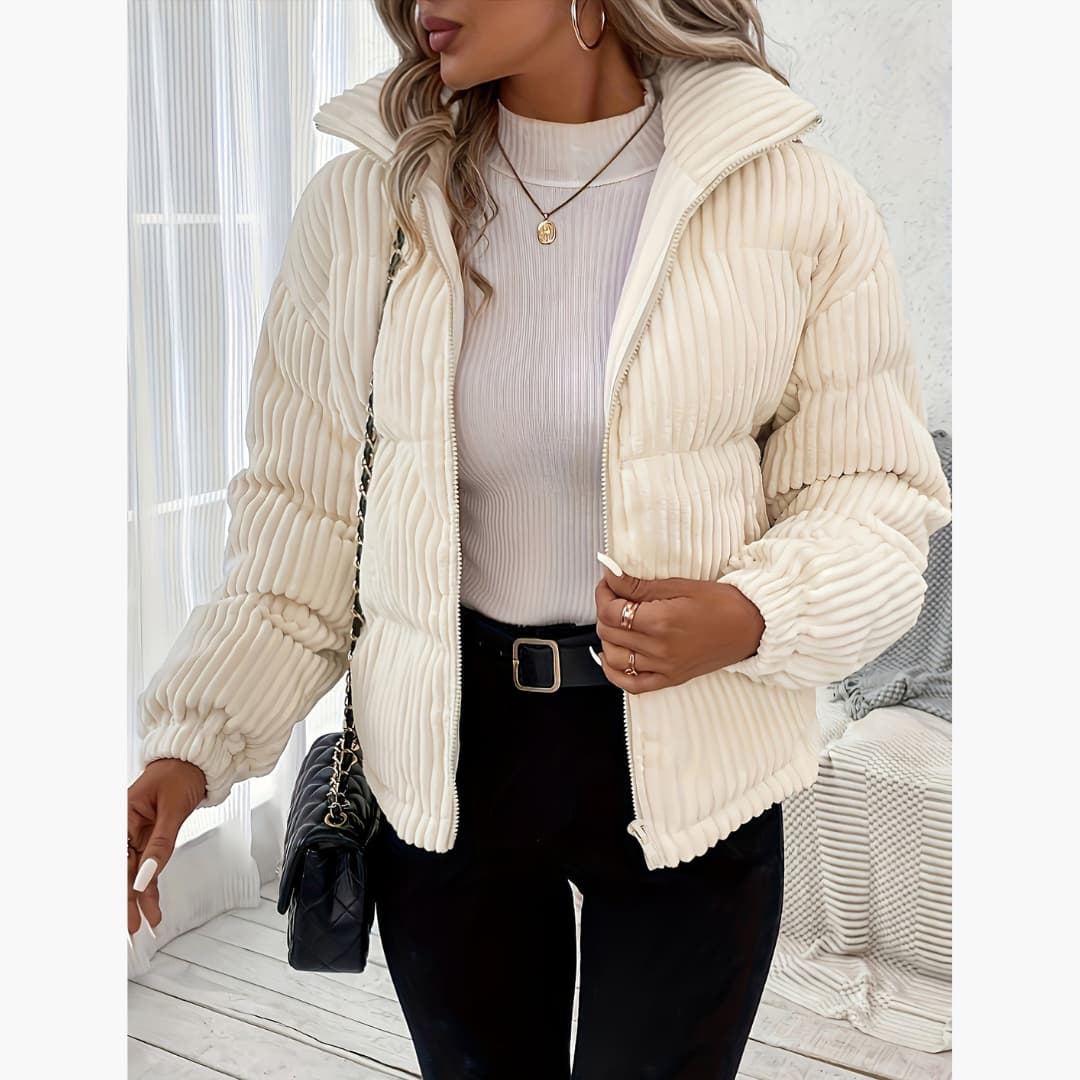 Women's Ribbed Puffer Jacket with Zipper Thermal Long-Sleeve Jacket
