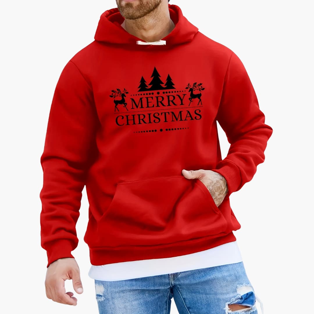 Hoodie with Christmas Trees and Reindeer Pattern Relaxed Pullover