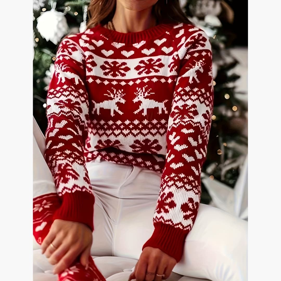 Comfortable Elegant Red Reindeer Snowflake Round Neck Sweater