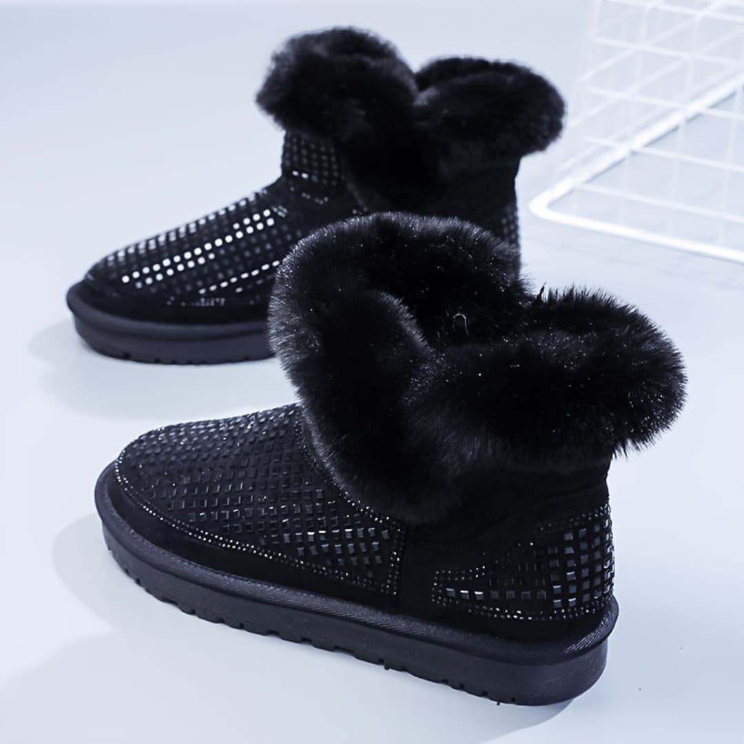 Women's Snow Boots with Rhinestone Decor Slip-Resistant Flat Ankle Shoes