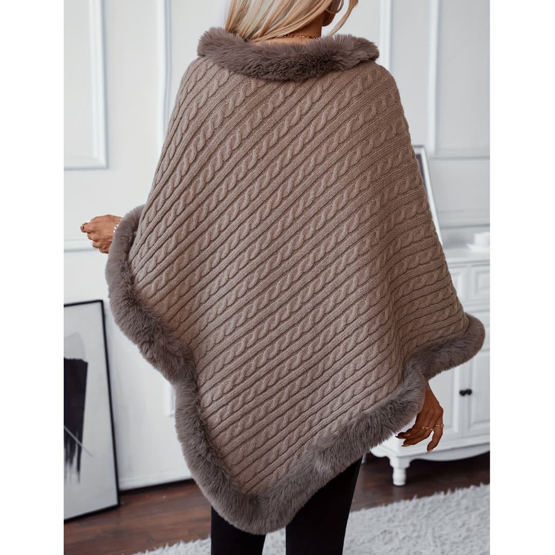Cozy vintage knitted cape with collar in faux fur