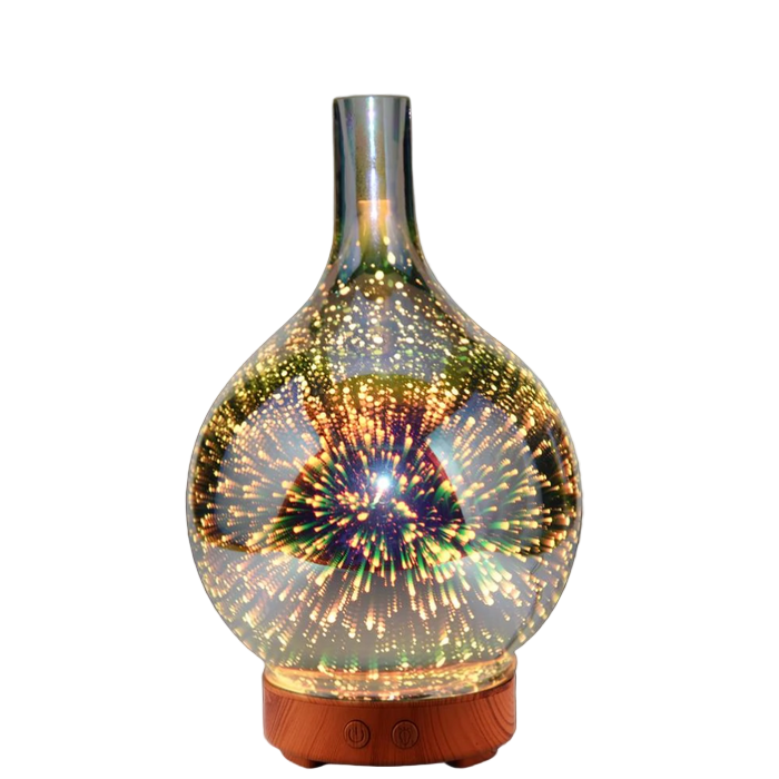 3D Glassvase aroma diffusor med fargeskiftende LED lys, ideell for aromaterapi og hjemmedekor.