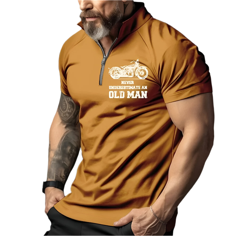 3D-print motorsykkel herrepolo med glidelås. Komfortabel streetwear for menn med unikt vintage design.