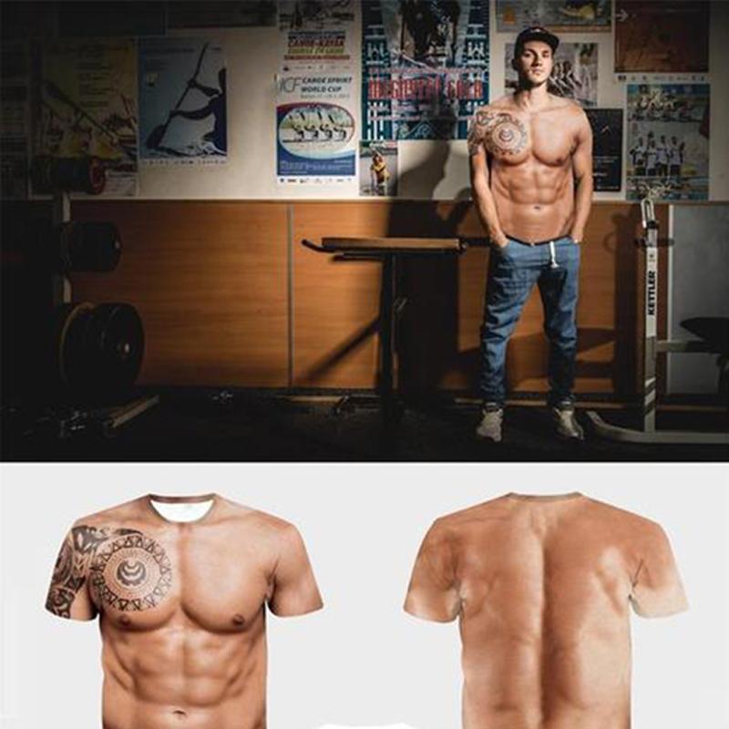 "3D T-skjorte i polyester med muskel- og tatoveringsdesign, livaktige farger, morsomt mønster, perfekt til fest."