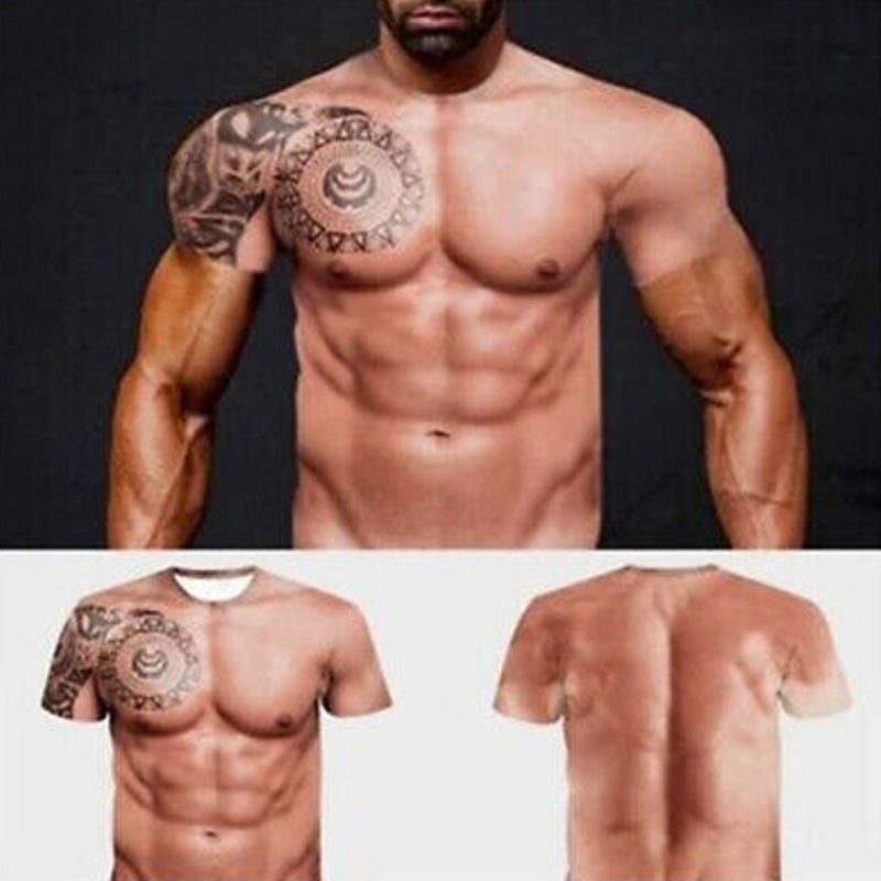 "3D T-skjorte i polyester med muskel- og tatoveringsdesign, livaktige farger, morsomt mønster, perfekt til fest."