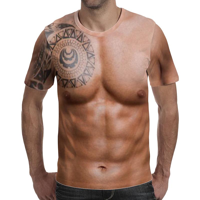 "3D T-skjorte i polyester med muskel- og tatoveringsdesign, livaktige farger, morsomt mønster, perfekt til fest."