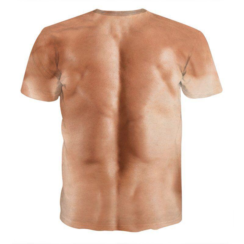 "3D T-skjorte i polyester med muskel- og tatoveringsdesign, livaktige farger, morsomt mønster, perfekt til fest."